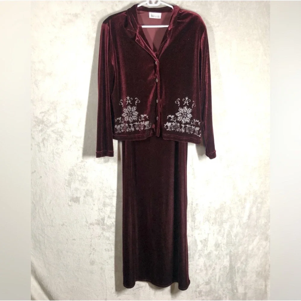 VTG 90s Velvet Maxi Dress Size M/L Burgundy 2pc Whimsigoth Dark Fairy Witchy - Picture 2 of 9